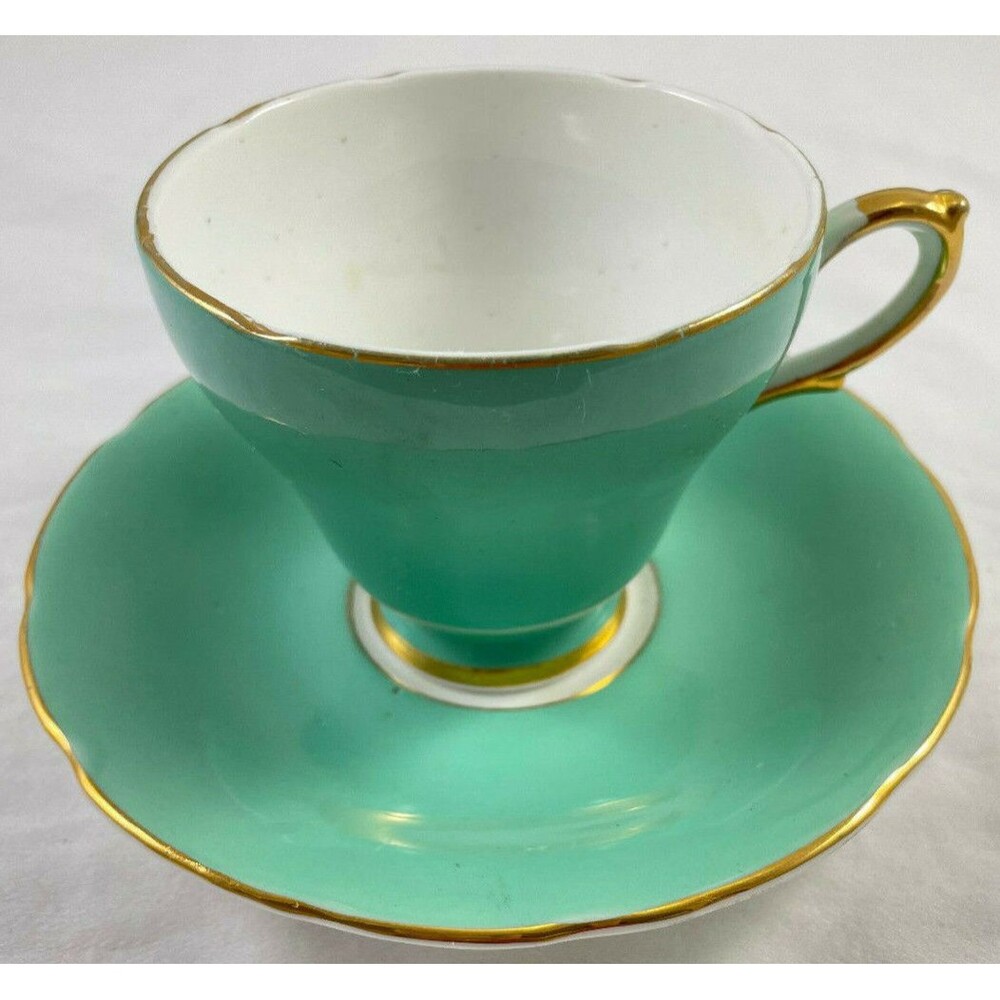 Sutherland Tea Cup & Saucer Set Footed Teal Green w/Gold Staffordshire England